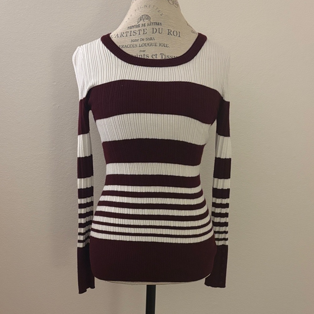 Striped Rib-Knit Long Sleeve Top - White & Burgundy